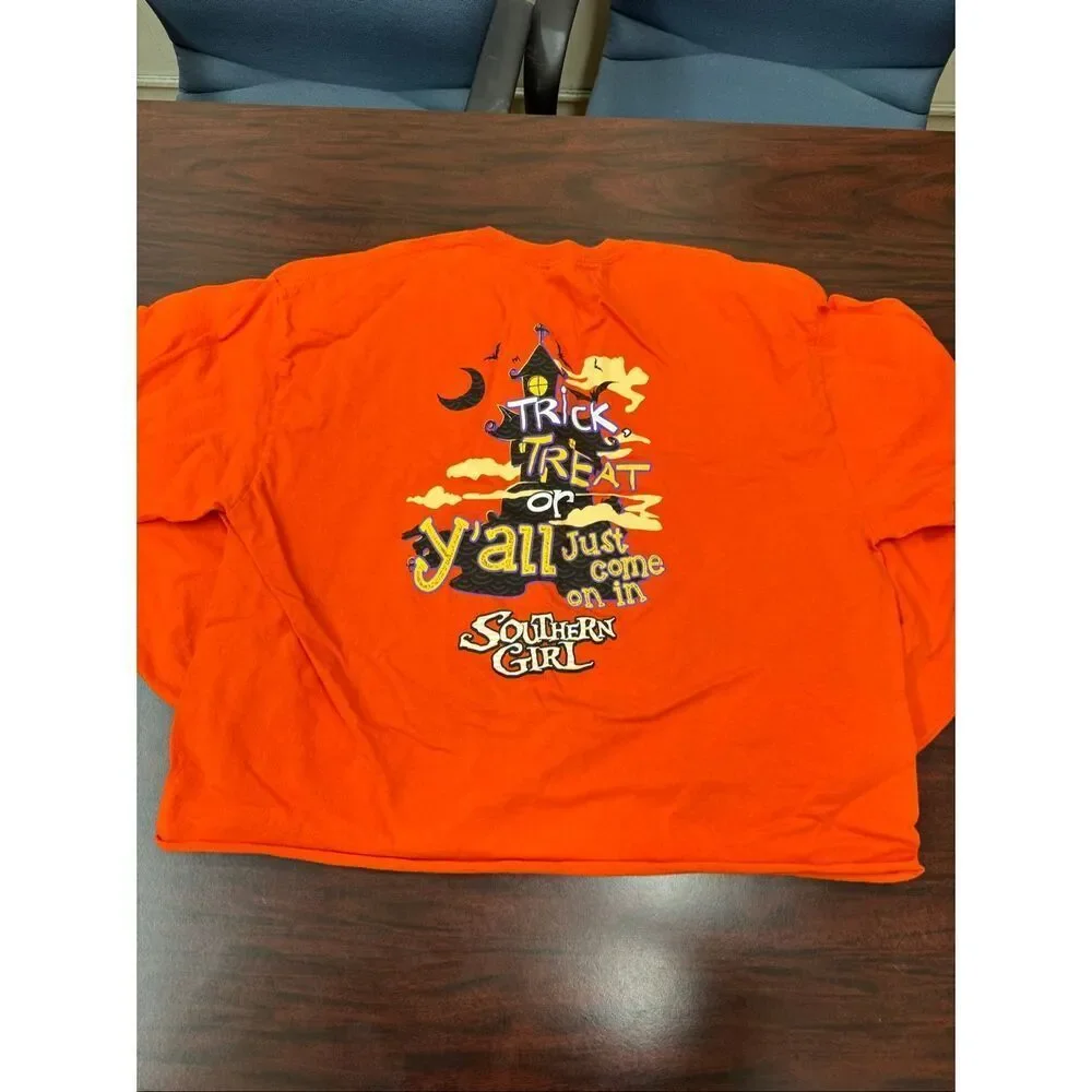 Southern Girl Halloween Graphic Orange Cropped Long Sleeve Tee Size X-Large